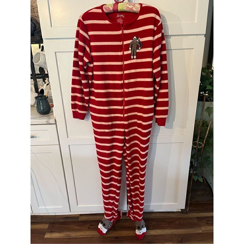 Nick & Nora Women’s Sock Monkey Sleepwear Sz S Red White Striped‎ Long John
